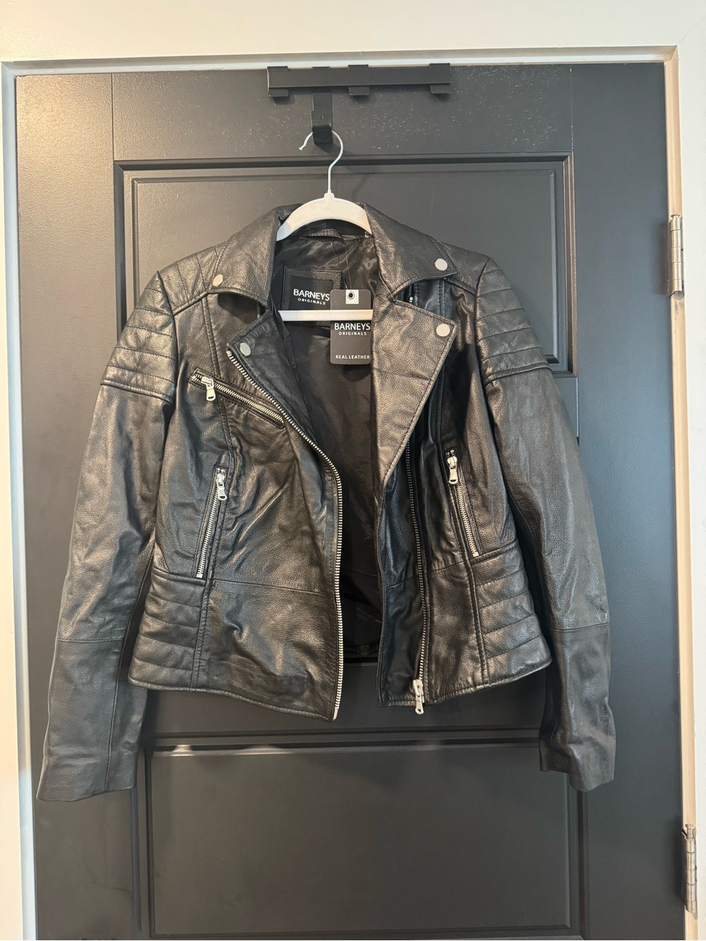 Barneys New York Black Quilted Leather Moto Jacket